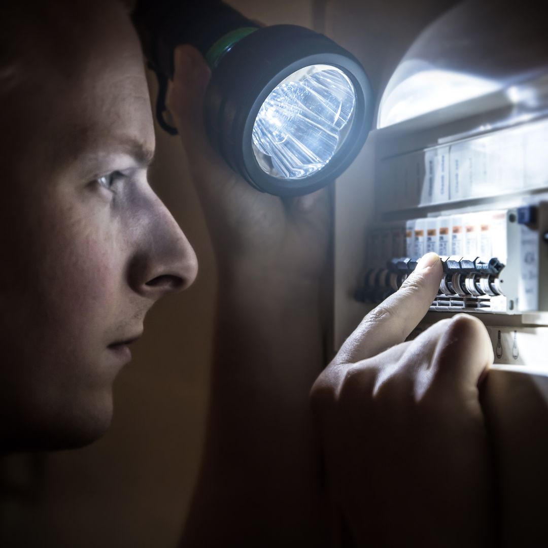man inspecting circuit breaker in dark