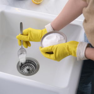 %Title% | Divine Person pouring a wide powdery substance down a sink drain.