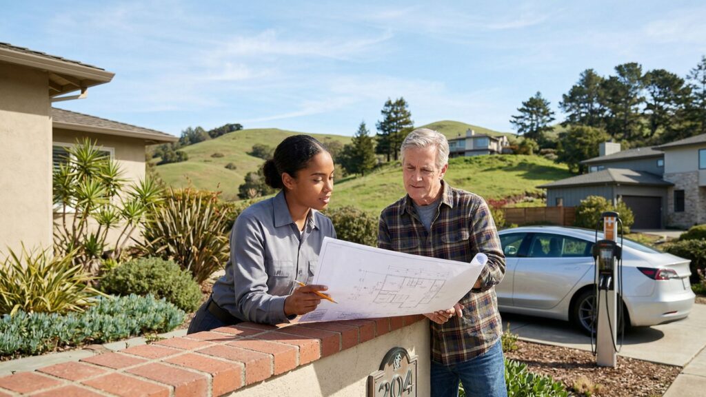woman and man looking at diagram