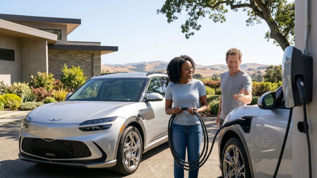 couple charging electric vehicle